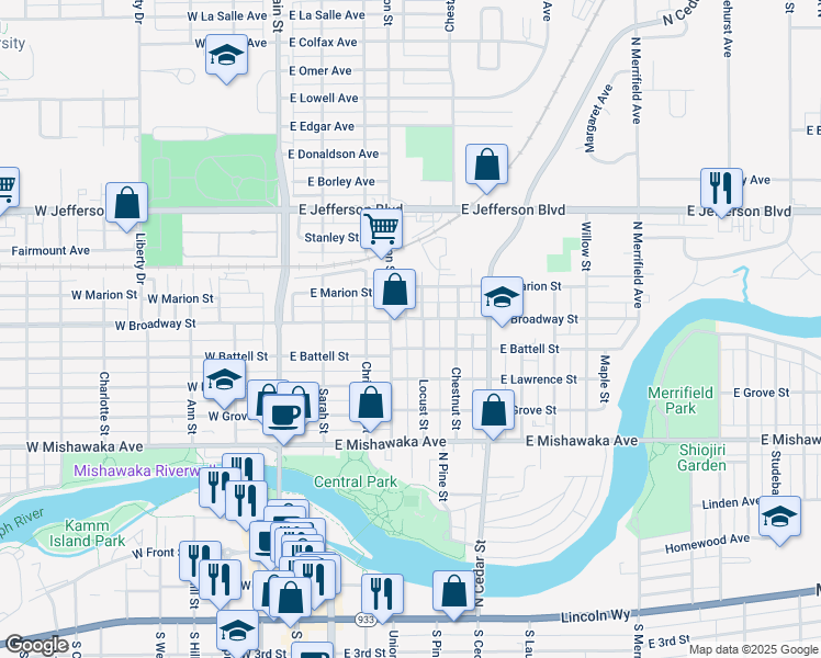 map of restaurants, bars, coffee shops, grocery stores, and more near 408 East Broadway Street in Mishawaka
