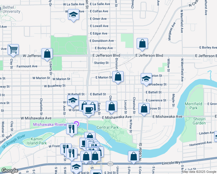 map of restaurants, bars, coffee shops, grocery stores, and more near 1001-1011 Christyann Street in Mishawaka