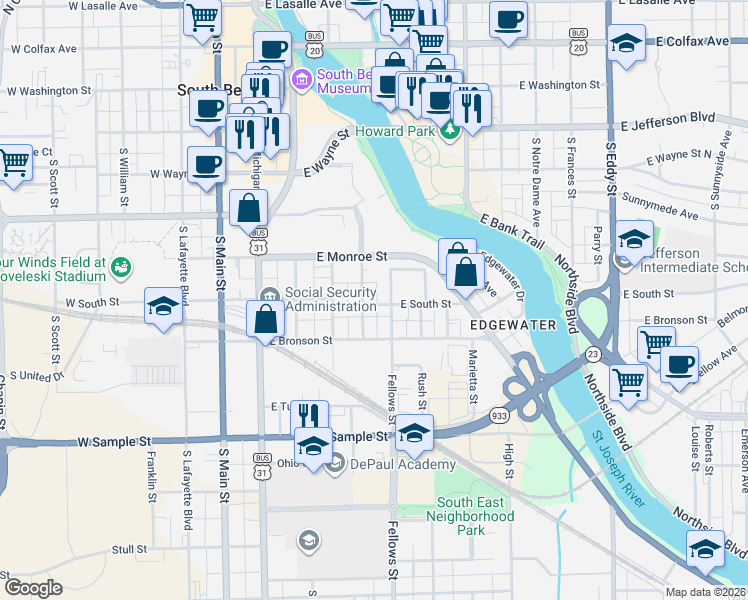 map of restaurants, bars, coffee shops, grocery stores, and more near 526 Columbia Street in South Bend