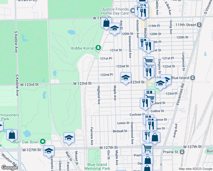 map of restaurants, bars, coffee shops, grocery stores, and more near 2634 West 123rd Street in Blue Island