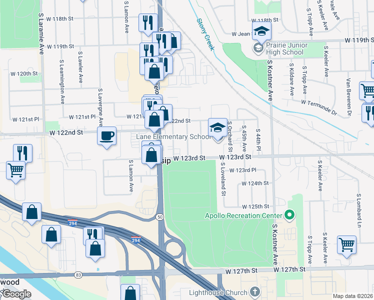 map of restaurants, bars, coffee shops, grocery stores, and more near 12242 South McDaniels Street in Alsip