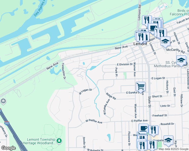 map of restaurants, bars, coffee shops, grocery stores, and more near 25 W Custer St in Lemont
