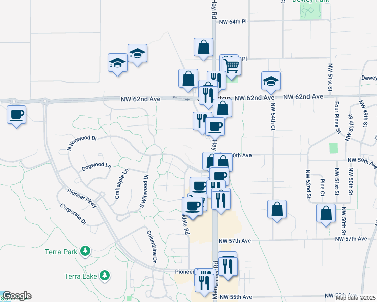 map of restaurants, bars, coffee shops, grocery stores, and more near 6102 Northwest 61st Avenue in Johnston