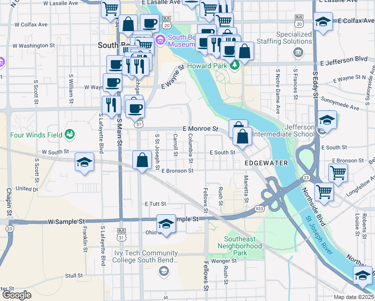 map of restaurants, bars, coffee shops, grocery stores, and more near 543 Columbia Street in South Bend
