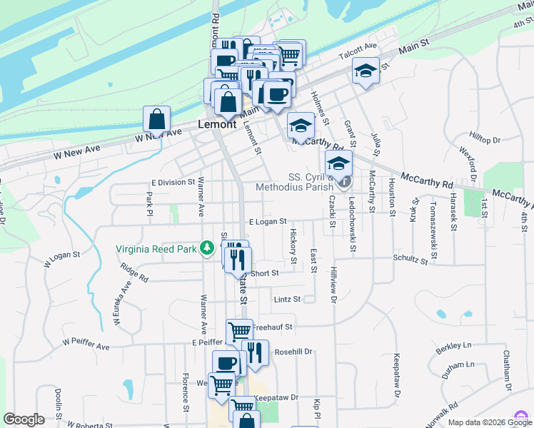 map of restaurants, bars, coffee shops, grocery stores, and more near 607 Walnut Street in Lemont
