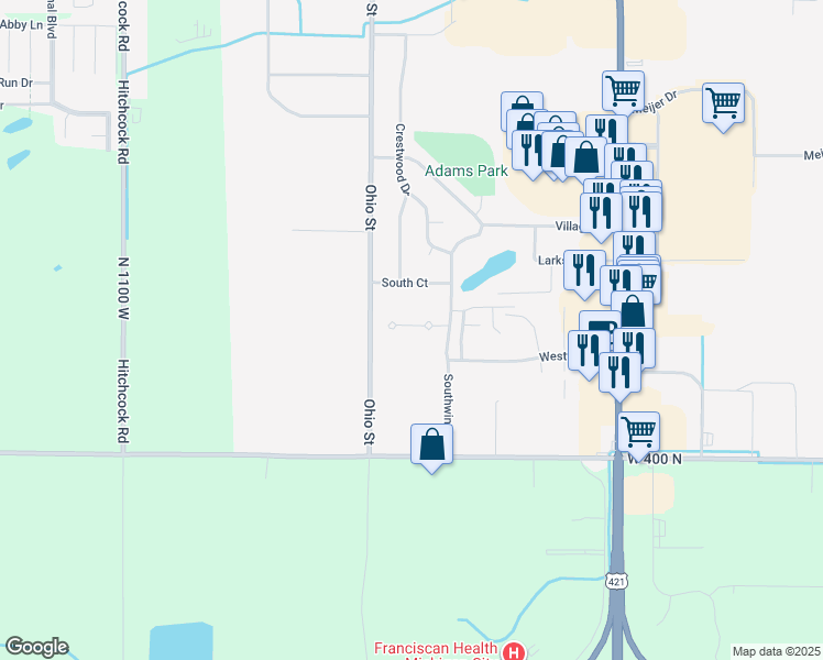 map of restaurants, bars, coffee shops, grocery stores, and more near 216 Pinetree Court in Michigan City
