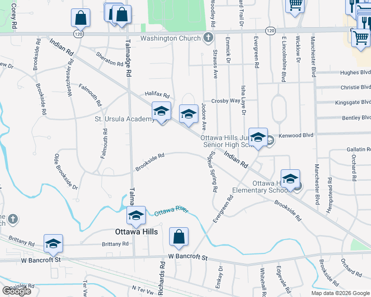 map of restaurants, bars, coffee shops, grocery stores, and more near 4012 Brookside Road in Toledo