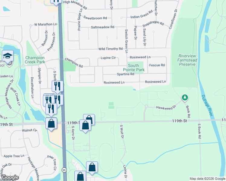 map of restaurants, bars, coffee shops, grocery stores, and more near 2547 Mallet Court in Naperville