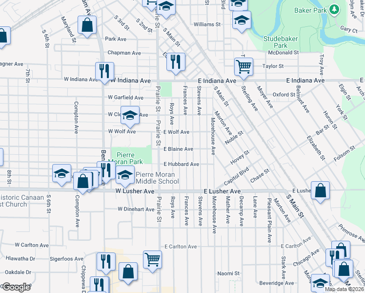 map of restaurants, bars, coffee shops, grocery stores, and more near 1817 Frances Avenue in Elkhart
