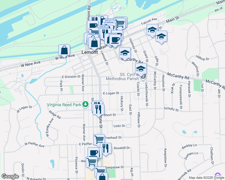 map of restaurants, bars, coffee shops, grocery stores, and more near 607 Walnut Street in Lemont