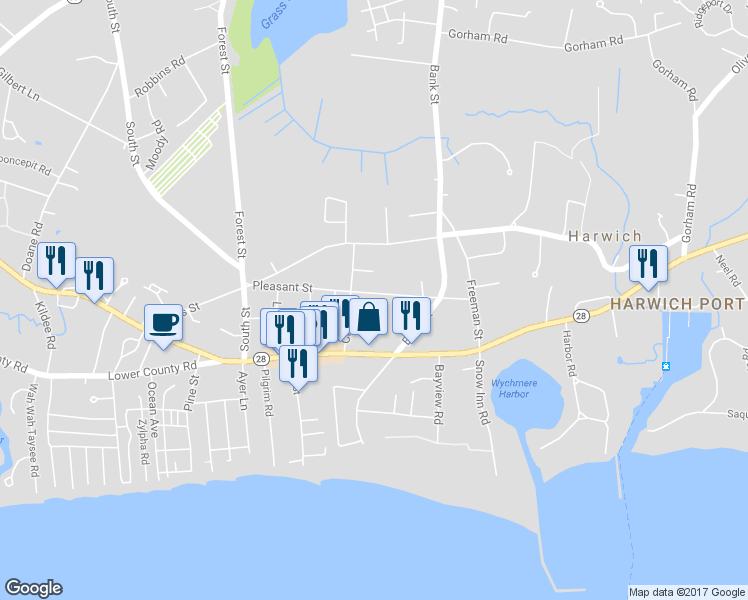 map of restaurants, bars, coffee shops, grocery stores, and more near 53 Pleasant Street in Harwich