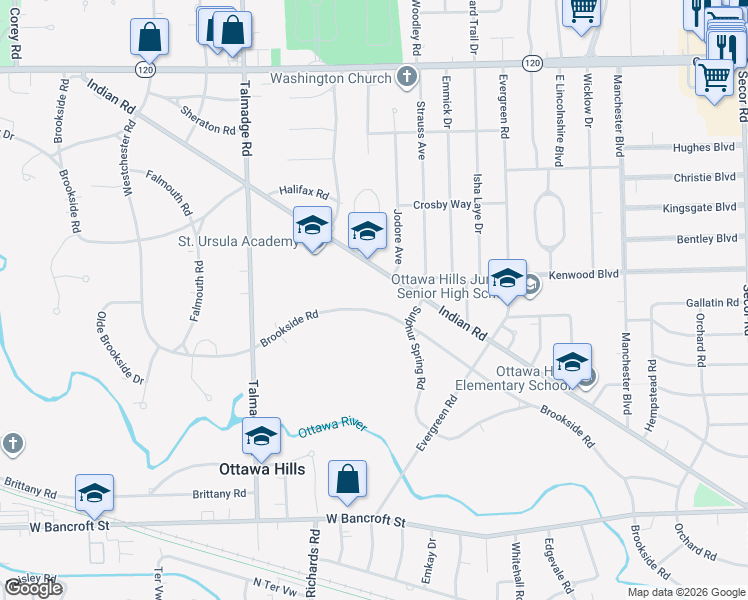 map of restaurants, bars, coffee shops, grocery stores, and more near 4012 Brookside Rd in Toledo