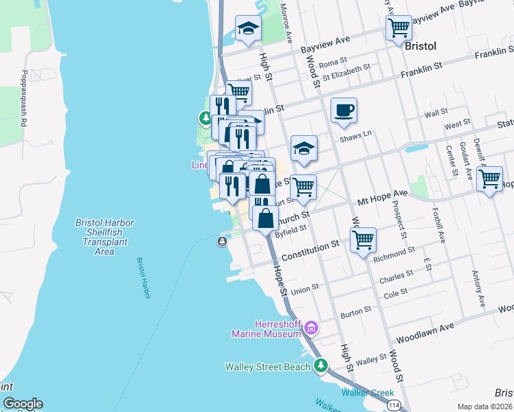 map of restaurants, bars, coffee shops, grocery stores, and more near 423 Hope Street in Bristol