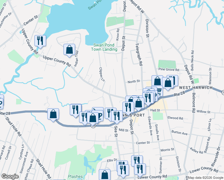 map of restaurants, bars, coffee shops, grocery stores, and more near 166 Upper County Road in Dennis