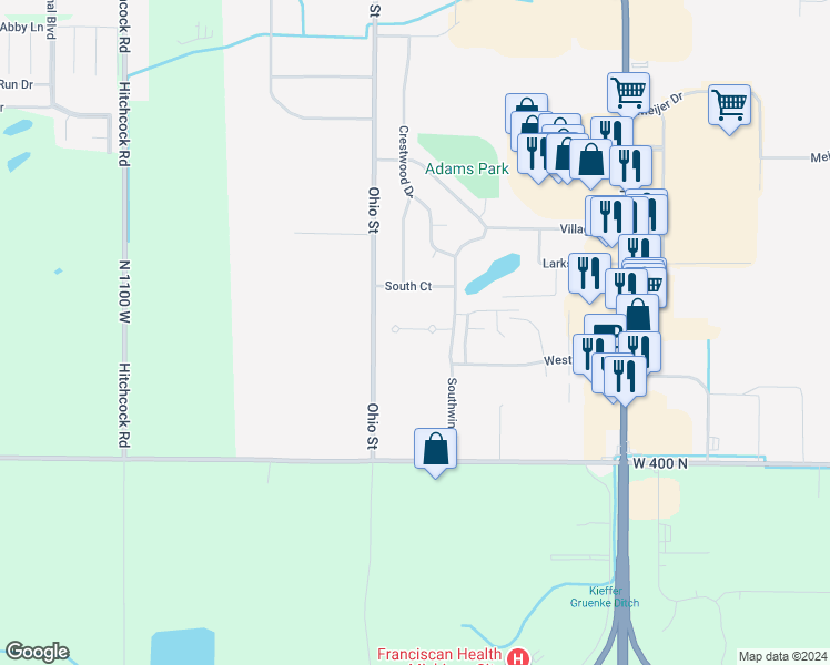 map of restaurants, bars, coffee shops, grocery stores, and more near 101 Pinetree Court in Michigan City