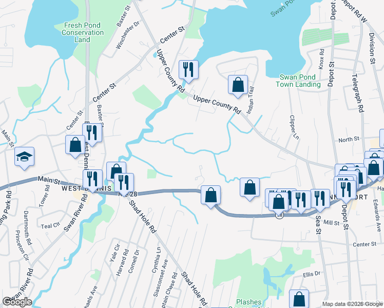map of restaurants, bars, coffee shops, grocery stores, and more near 206 Main St in Dennis
