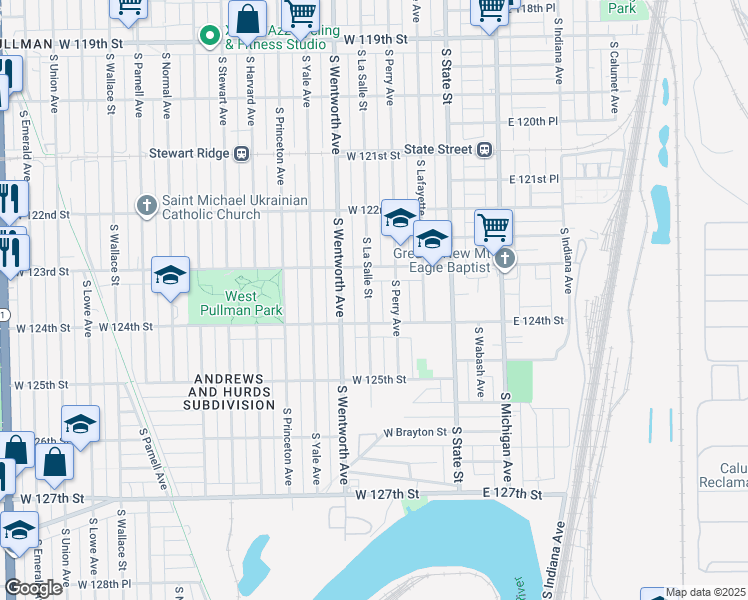 map of restaurants, bars, coffee shops, grocery stores, and more near 12337 South La Salle Street in Chicago