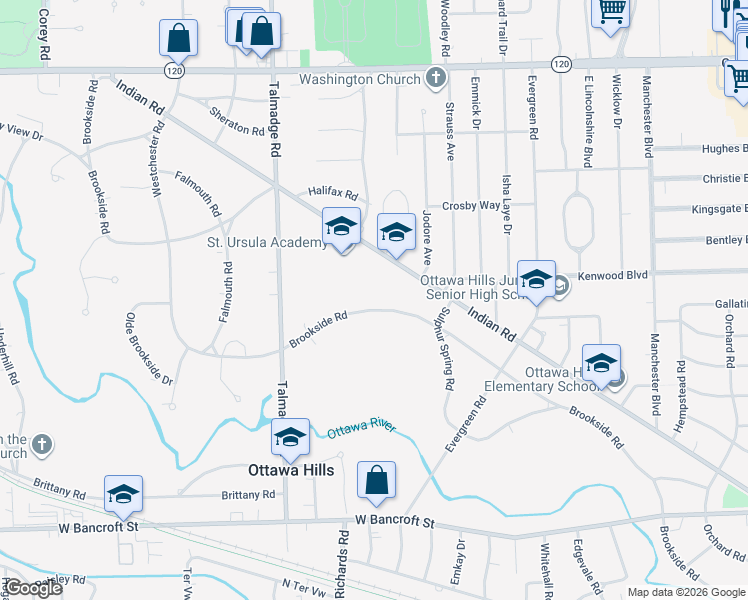 map of restaurants, bars, coffee shops, grocery stores, and more near 4044 Brookside Road in Ottawa Hills