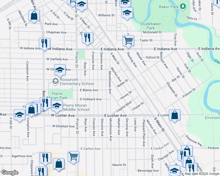 map of restaurants, bars, coffee shops, grocery stores, and more near 1800-1822 Morehouse Avenue in Elkhart