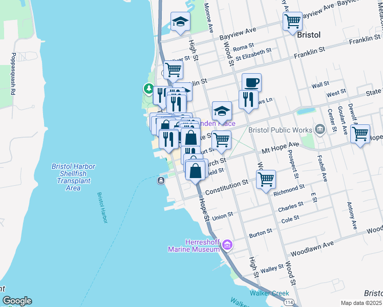 map of restaurants, bars, coffee shops, grocery stores, and more near 420 Hope Street in Bristol