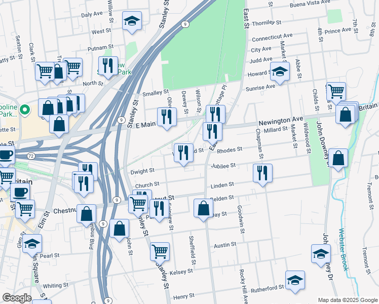 map of restaurants, bars, coffee shops, grocery stores, and more near Woodland Street in New Britain