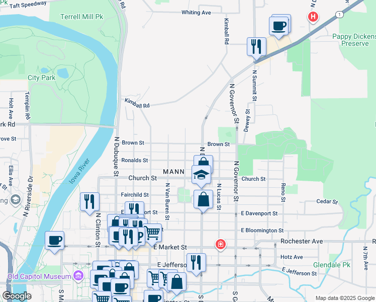map of restaurants, bars, coffee shops, grocery stores, and more near 718 North Johnson Street in Iowa City