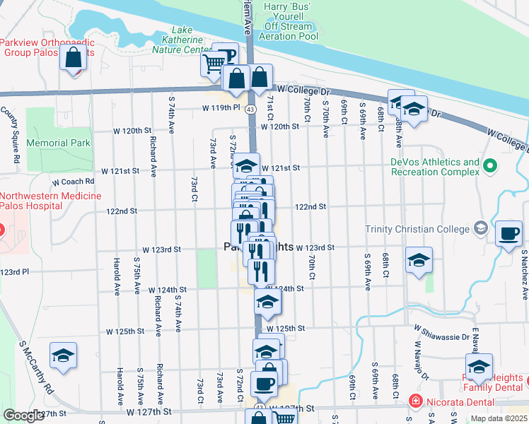 map of restaurants, bars, coffee shops, grocery stores, and more near 12211 South Harlem Avenue in Palos Heights
