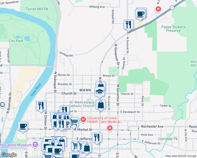 map of restaurants, bars, coffee shops, grocery stores, and more near 707 Brown Street in Iowa City