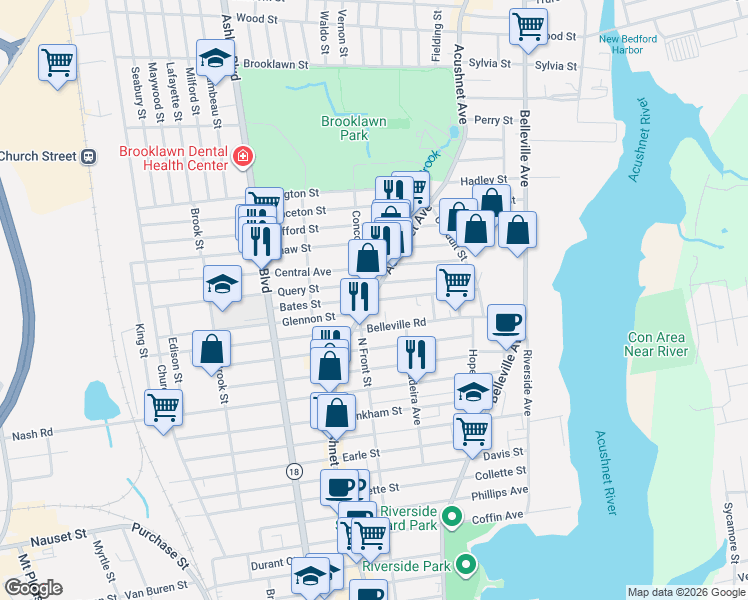map of restaurants, bars, coffee shops, grocery stores, and more near Bates Street in New Bedford