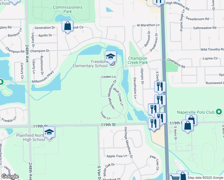 map of restaurants, bars, coffee shops, grocery stores, and more near 11703 Heritage Meadows Drive in Plainfield