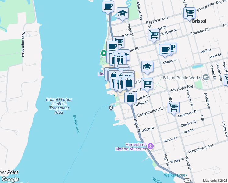 map of restaurants, bars, coffee shops, grocery stores, and more near 1 State Street in Bristol