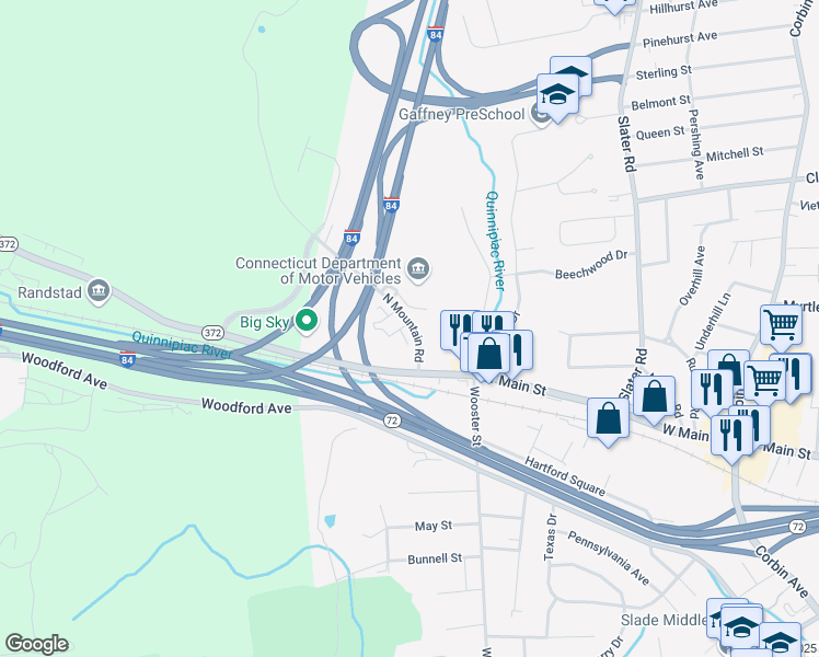 map of restaurants, bars, coffee shops, grocery stores, and more near in New Britain