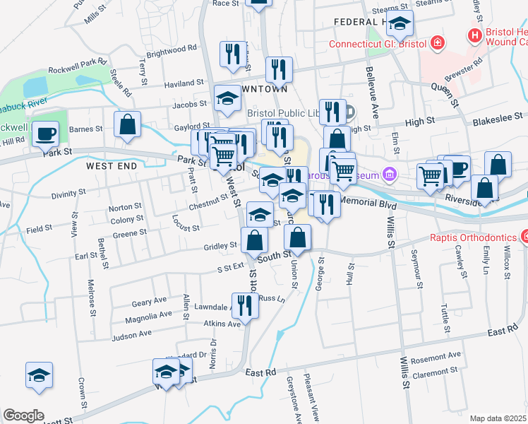 map of restaurants, bars, coffee shops, grocery stores, and more near 25 Pleasant Street in Bristol
