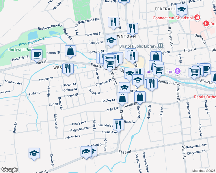 map of restaurants, bars, coffee shops, grocery stores, and more near 36 Emory Court in Bristol