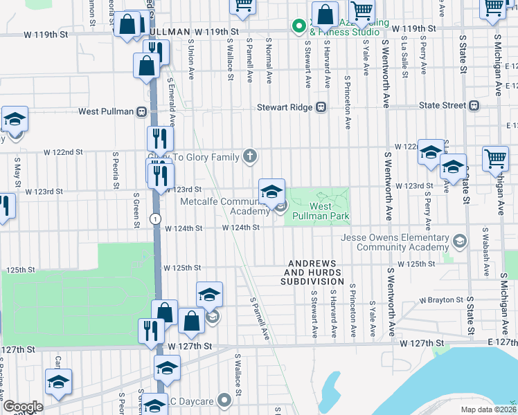 map of restaurants, bars, coffee shops, grocery stores, and more near 12318 South Parnell Avenue in Chicago