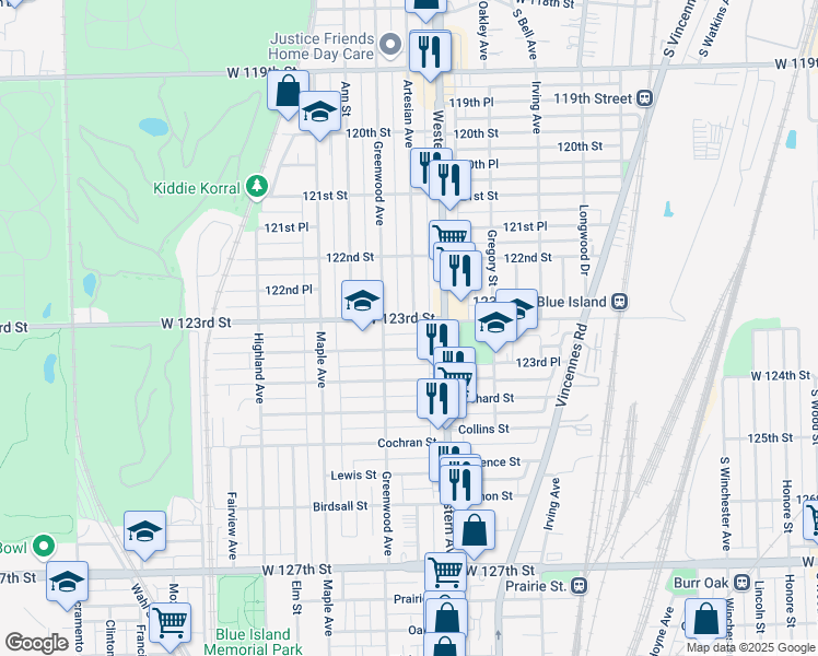 map of restaurants, bars, coffee shops, grocery stores, and more near 2450 West 123rd Street in Blue Island