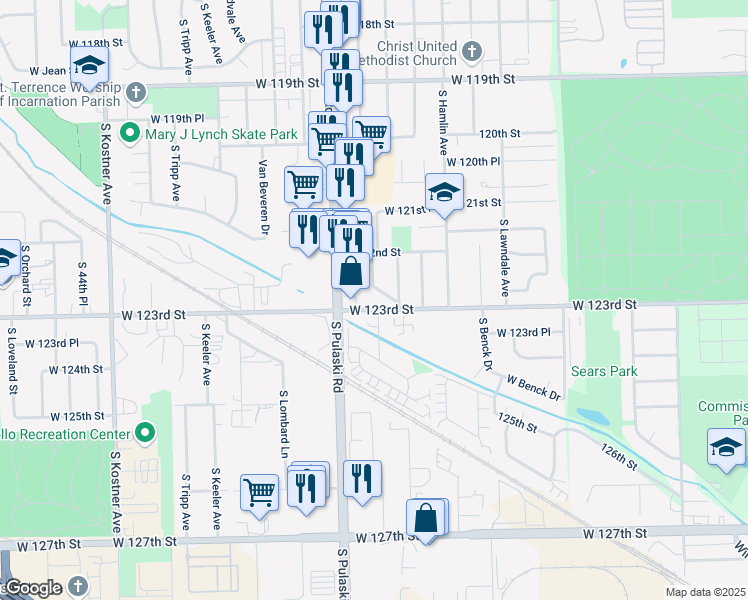 map of restaurants, bars, coffee shops, grocery stores, and more near 12234 South Harding Avenue in Alsip