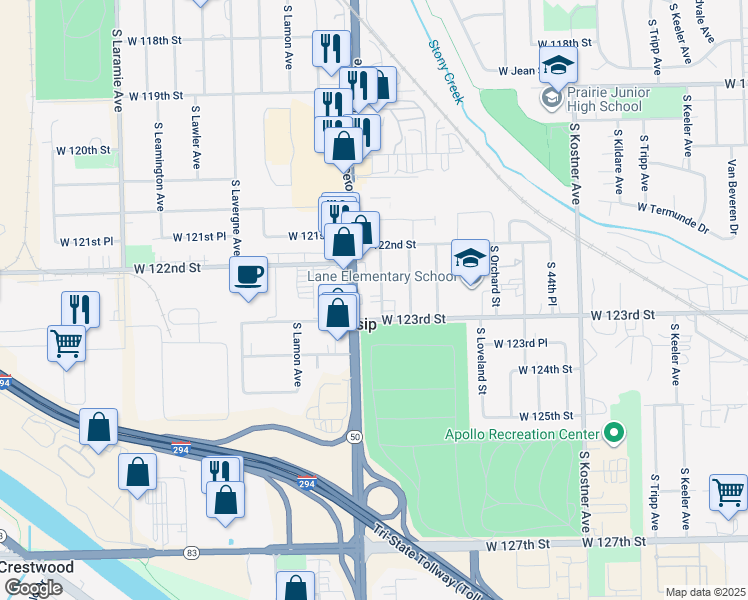 map of restaurants, bars, coffee shops, grocery stores, and more near 12240 South Spencer Street in Alsip