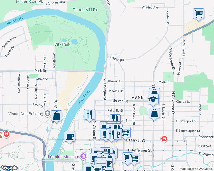 map of restaurants, bars, coffee shops, grocery stores, and more near 750 North Dubuque Street in Iowa City