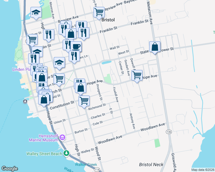 map of restaurants, bars, coffee shops, grocery stores, and more near 80 Mount Hope Avenue in Bristol