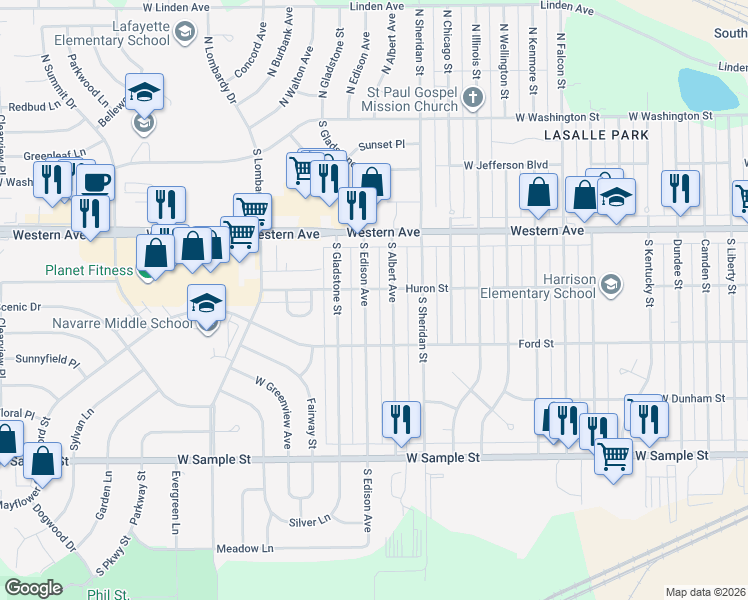 map of restaurants, bars, coffee shops, grocery stores, and more near 502 South Edison Avenue in South Bend