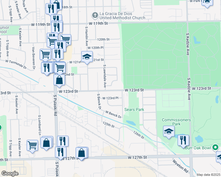map of restaurants, bars, coffee shops, grocery stores, and more near 3625 West 122nd Place in Chicago