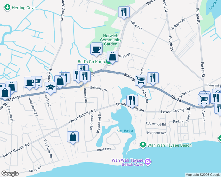 map of restaurants, bars, coffee shops, grocery stores, and more near 28 Ships Haven Road in Harwich