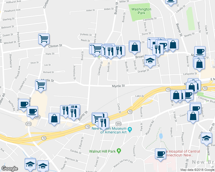 map of restaurants, bars, coffee shops, grocery stores, and more near 398 Myrtle Street in New Britain