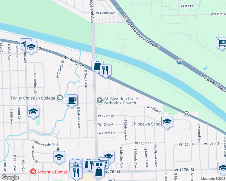map of restaurants, bars, coffee shops, grocery stores, and more near 6381 Orchard Drive in Palos Heights