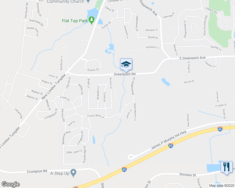map of restaurants, bars, coffee shops, grocery stores, and more near 127 Greenbush Road in West Warwick