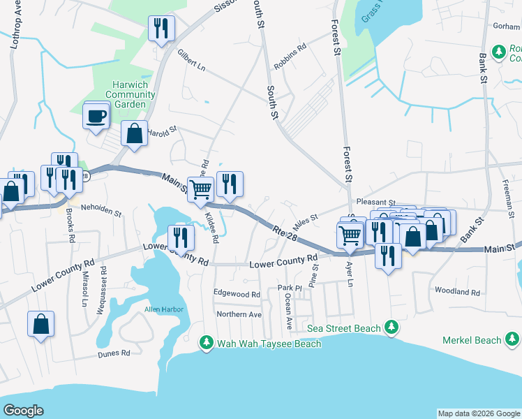 map of restaurants, bars, coffee shops, grocery stores, and more near 6 Seaport Lane in Harwich