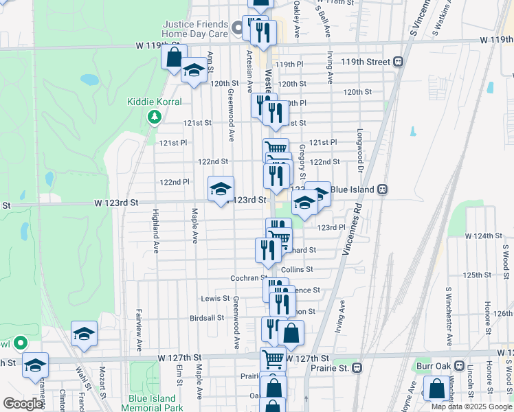 map of restaurants, bars, coffee shops, grocery stores, and more near 12308 Western Avenue in Blue Island