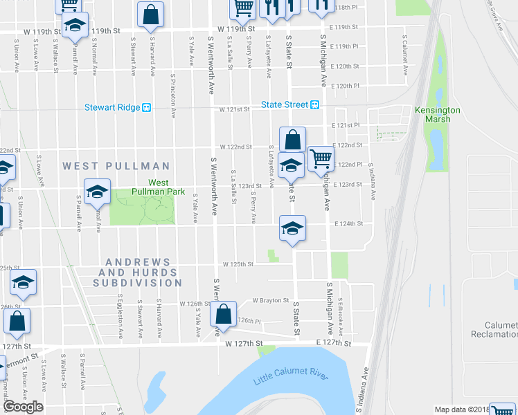 map of restaurants, bars, coffee shops, grocery stores, and more near 12333 South Perry Avenue in Chicago