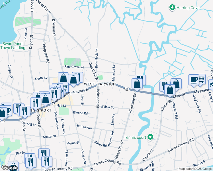 map of restaurants, bars, coffee shops, grocery stores, and more near 71 Main Street in Harwich